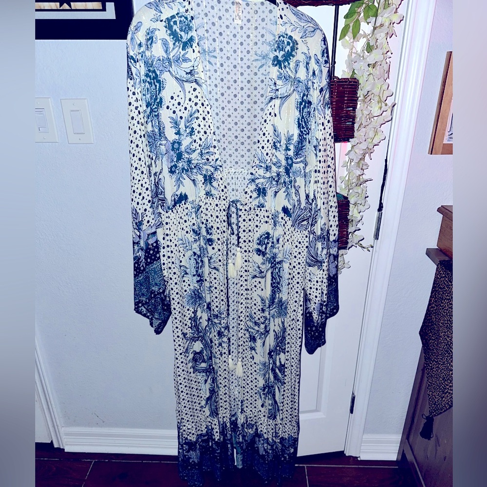 SOLD Intimately Free People Antoinette Kimono Blue Cream and Gold